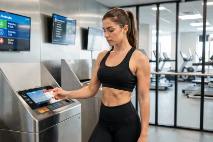 Femme scannant sa carte d'abonnement Basic Fit à l'entrée d'une salle de sport moderne