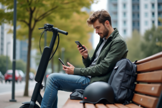 Jeune homme vérifiant accessoires scooter en ville