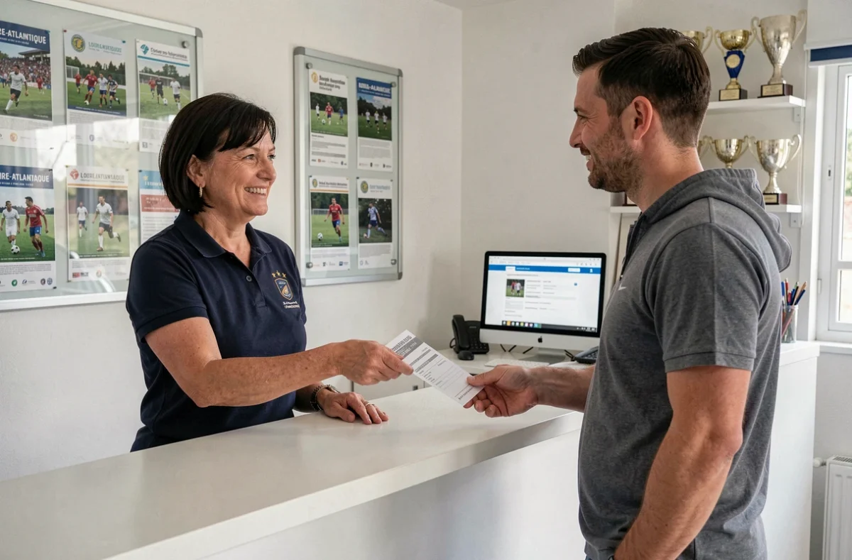Responsable de club de foot remettant un dossier d'inscription à un adhérent au District 44 en Loire-Atlantique