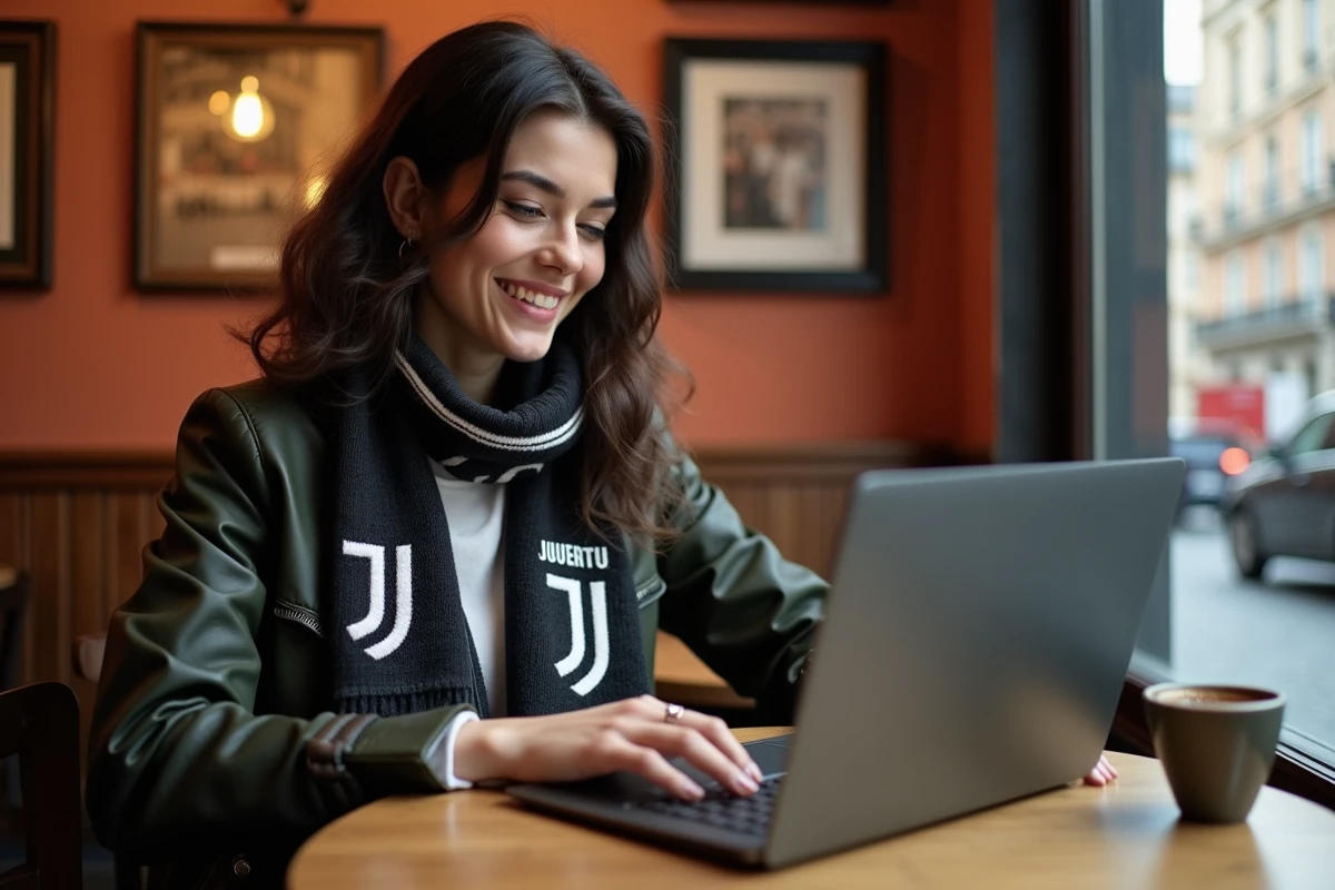 Femme achetant des billets Juventus en ligne dans un café de Turin