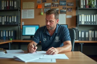 Administrateur du district 31 de football examinant des dossiers de licences et mutations dans un bureau officiel