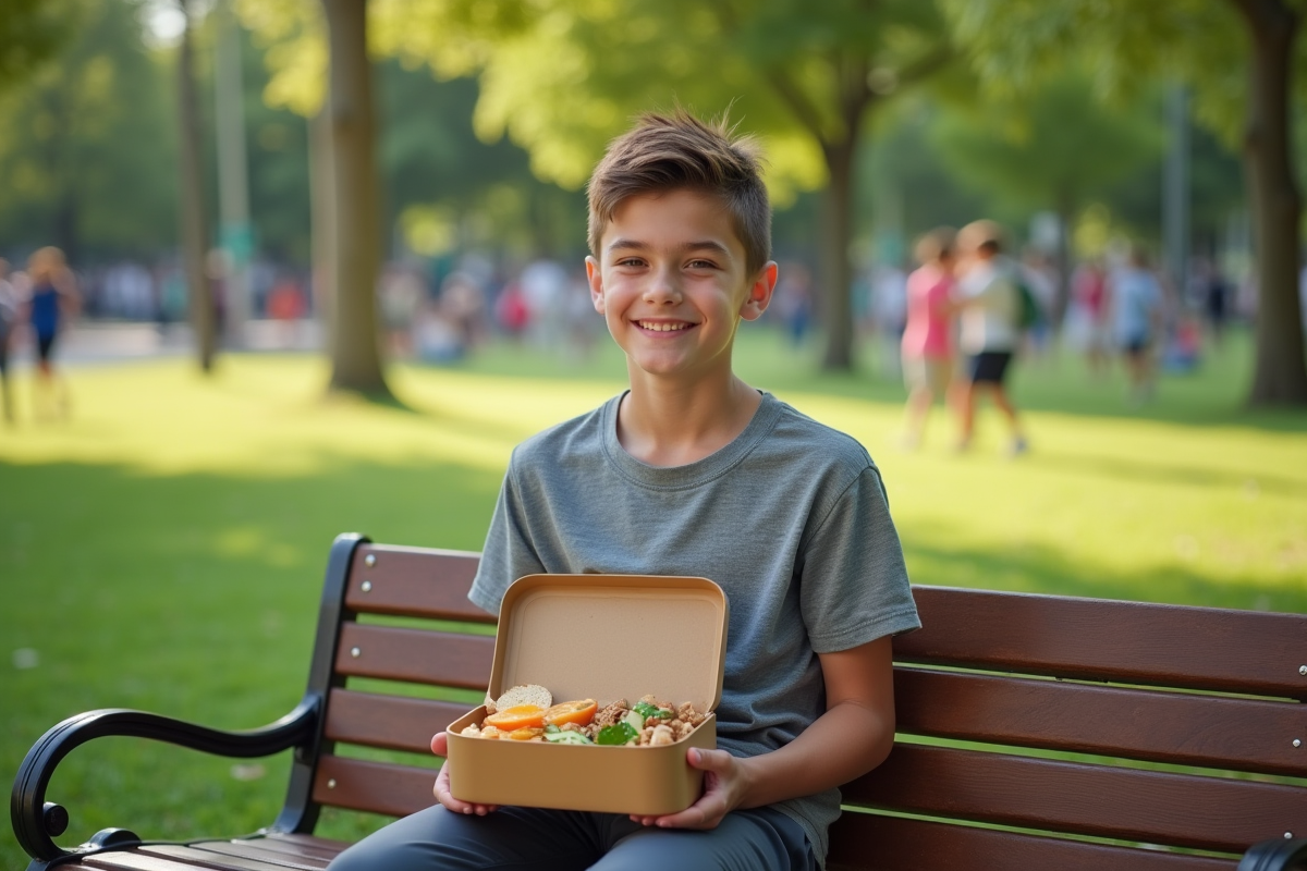 Adolescent avec boîte à lunch saine dans un parc ensoleillé