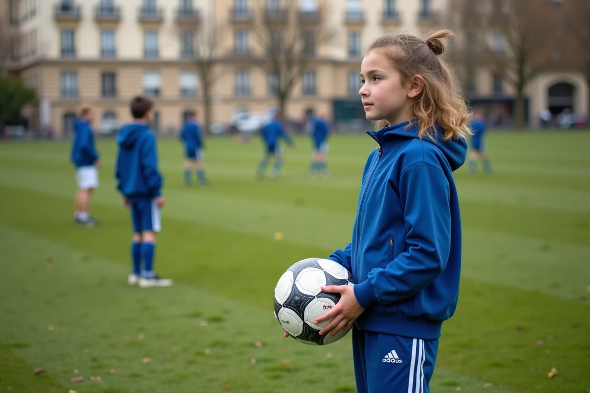 Fille en survêtement bleu regardant un entraînement de football dans un parc parisien