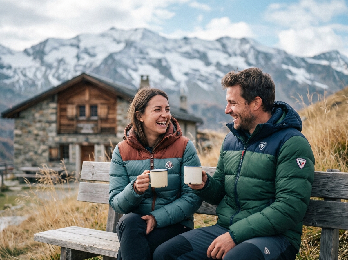 Deux amis portant des doudounes de marques françaises assis devant un refuge de montagne avec panorama alpin enneigé
