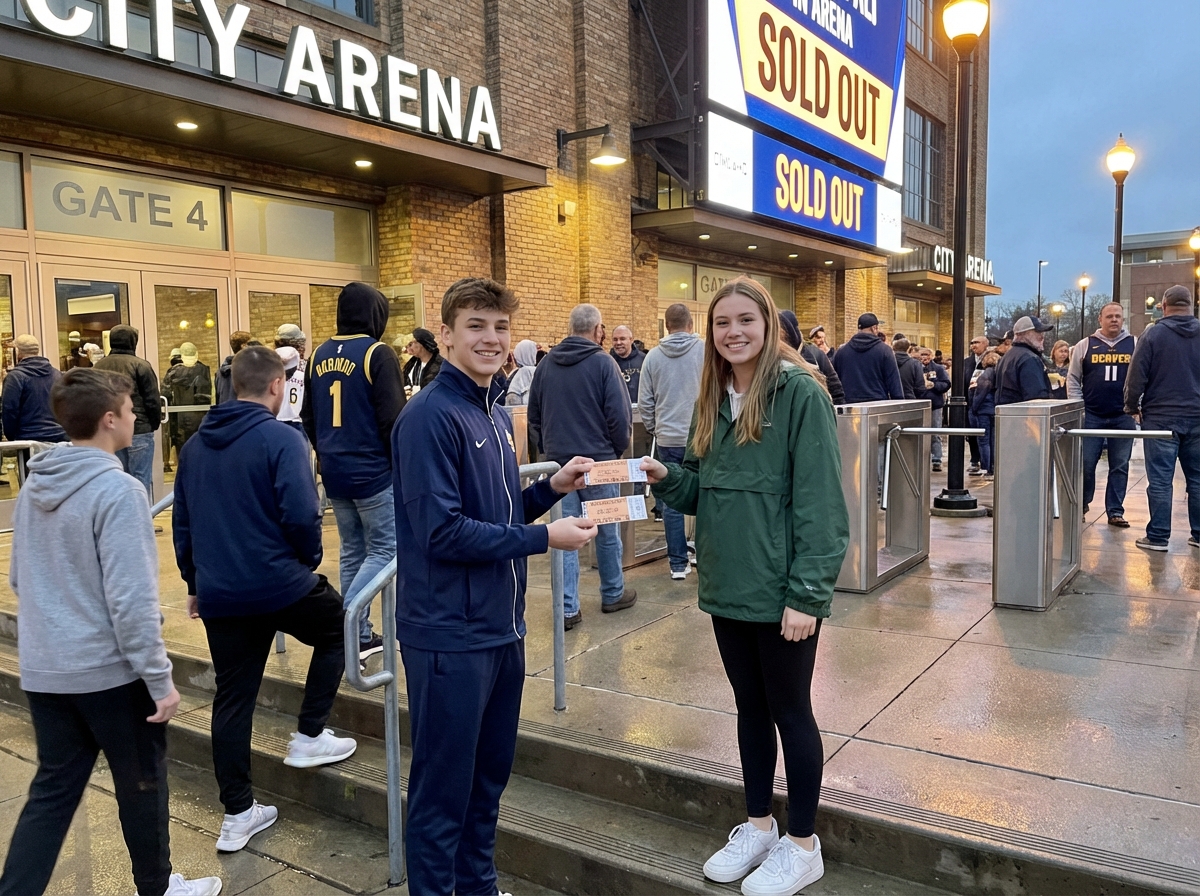 Deux adolescents échangent des billets devant une entrée d arena