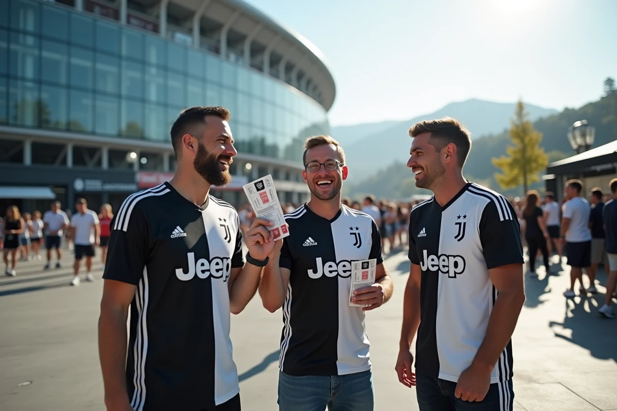 Groupe d'amis supporters de la Juventus devant l'Allianz Stadium avec leurs billets