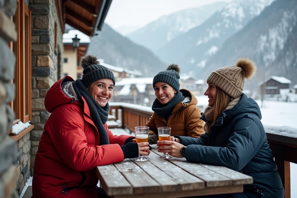 Groupe d amis partageant des boissons sur une terrasse enneigee