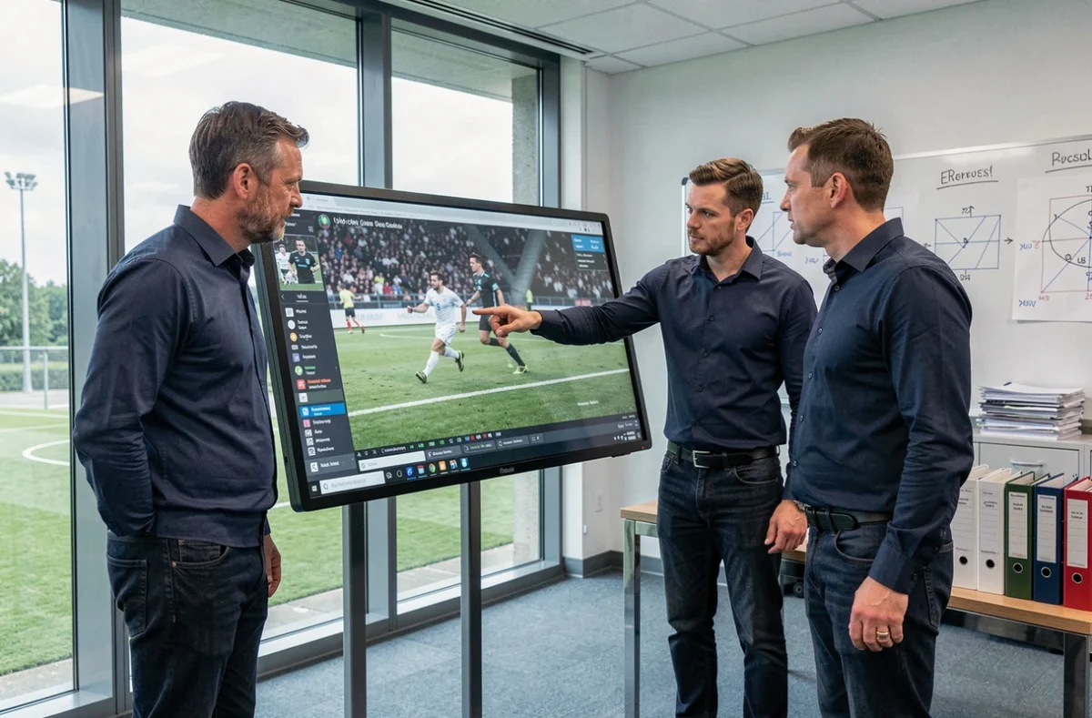 Trois analystes de football professionnels étudiant des archives vidéo sur un écran tactique dans une salle d'analyse moderne, discussion stratégique sur l'histoire du jeu