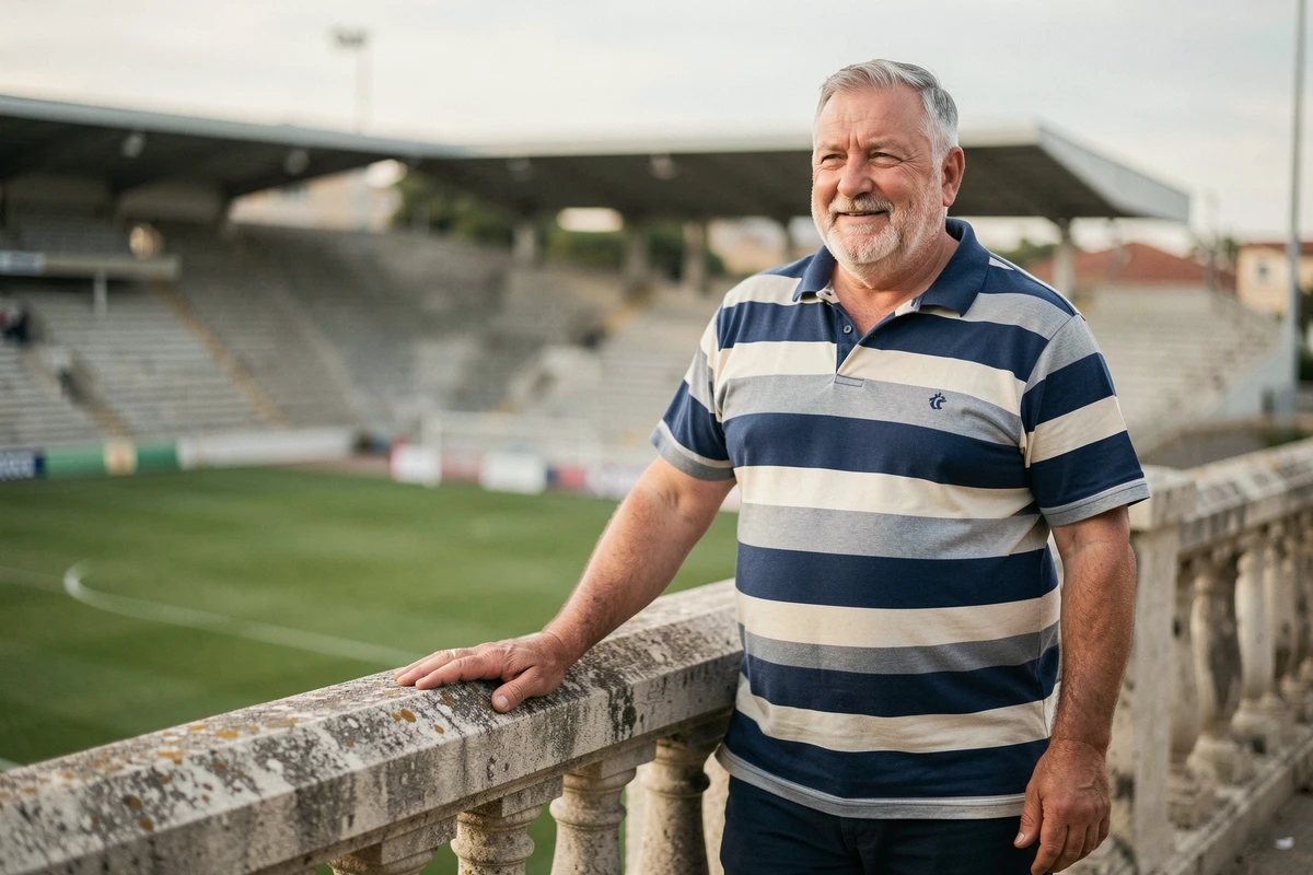 Ancien rugbyman français en marinière debout sur la terrasse d'un stade du sud de la France avec vue sur le terrain en arrière-plan