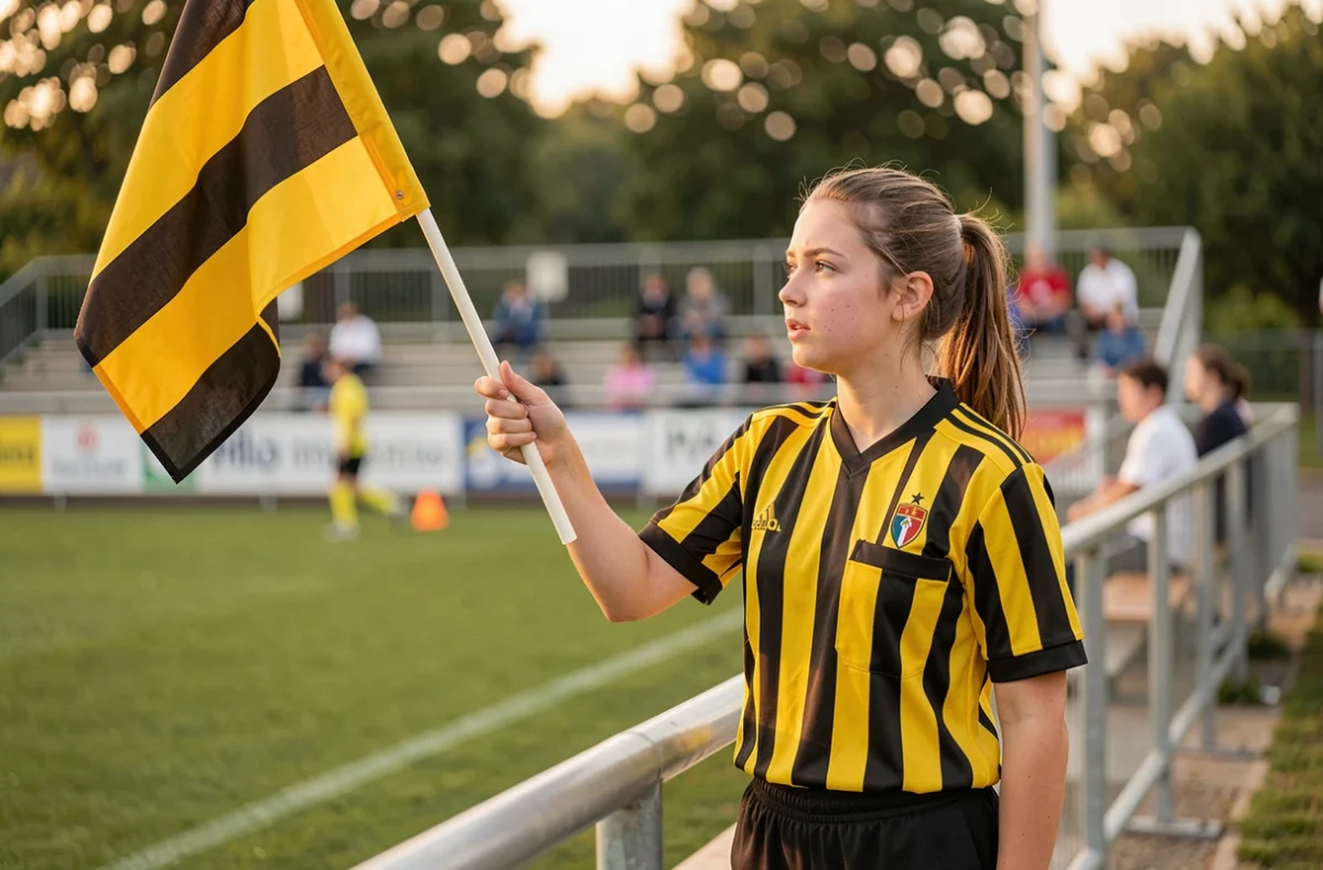 Jeune arbitre assistante féminine avec drapeau sur la touche d'un match de football en Essonne
