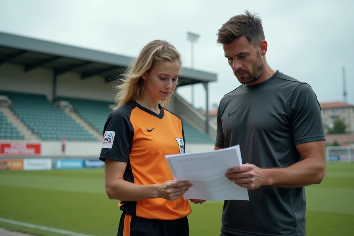 Arbitre et entraîneur consultant un dossier de surclassement au bord d'un terrain de football du district 31