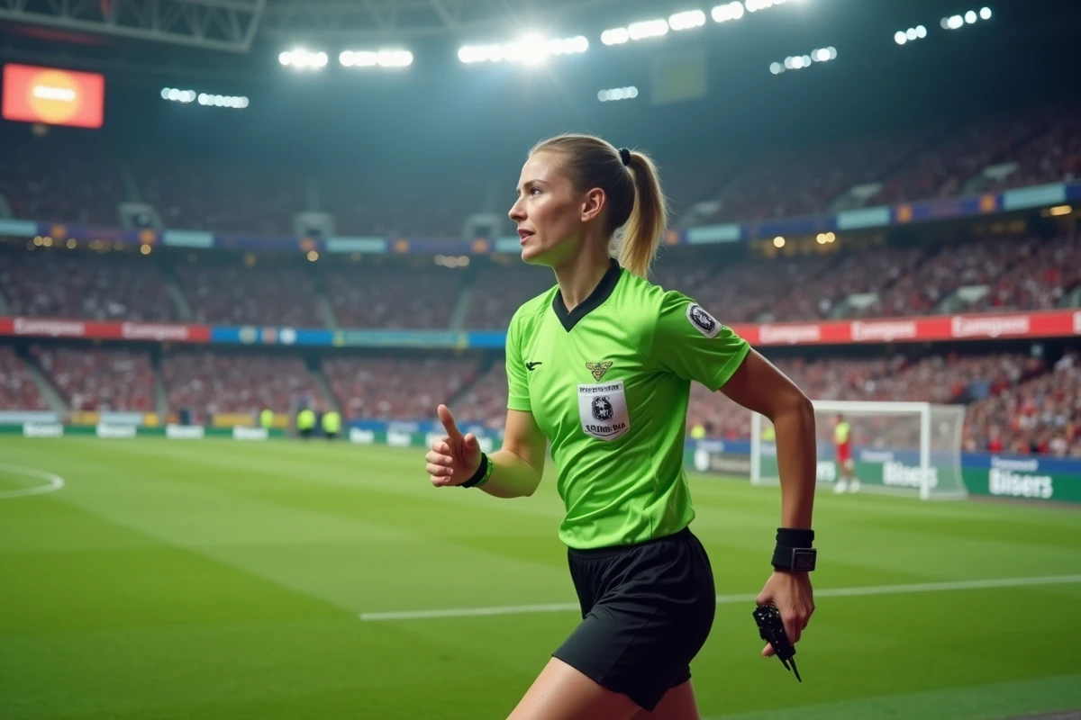 Arbitre féminine de Ligue 1 en action sur la touche d'un stade professionnel français lors d'un match officiel