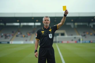 Arbitre de football en tenue officielle tenant un carton jaune lors d'un match de district amateur en France