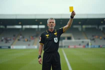 Arbitre de football en tenue officielle tenant un carton jaune lors d'un match de district amateur en France