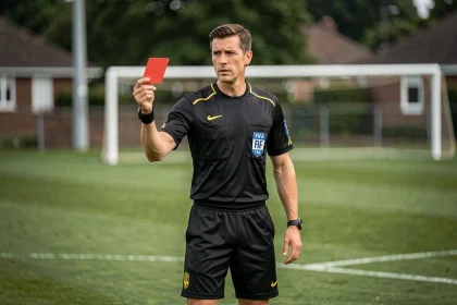Arbitre officiel en tenue noire sur un terrain de football du district de l'Essonne tenant un carton rouge
