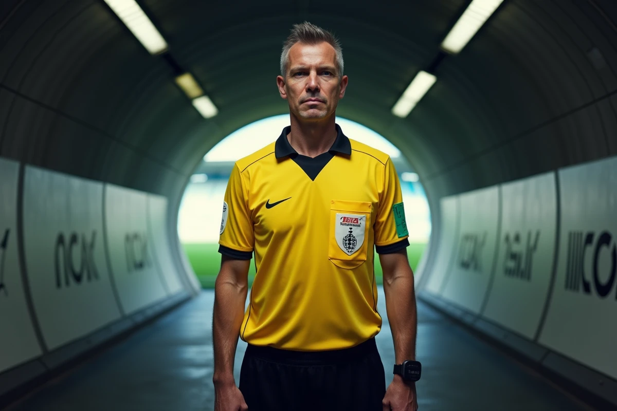 Arbitre UEFA Ligue des champions dans le tunnel d'un grand stade européen avant l'entrée sur le terrain
