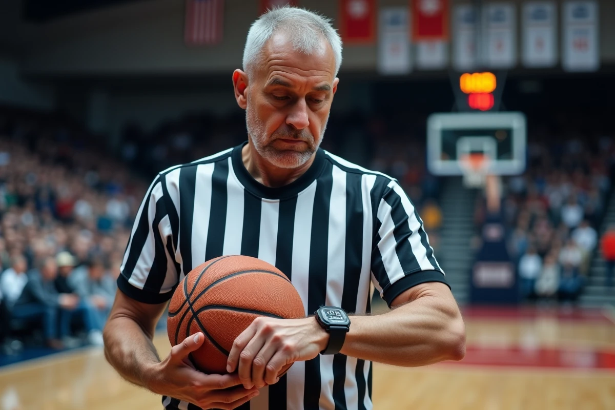 Arbitre vérifiant son montre lors d’un match de basket