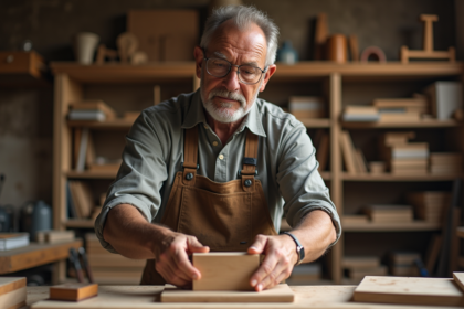 Artisan en atelier de menuiserie ajustant une sellette en bois