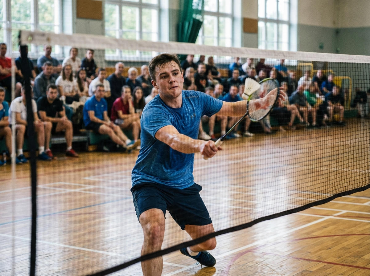 Jeune athlète badminton en action dans un gymnase moderne