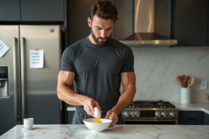 Jeune athlète en cuisine préparant un œuf frais