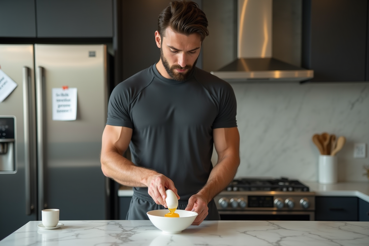 Jeune athlète en cuisine préparant un œuf frais