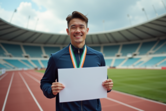 Jeune athlète souriant avec médaille et certificat