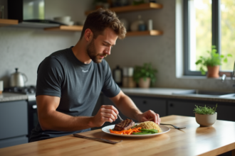 Jeune athlète préparant un repas équilibré dans la cuisine