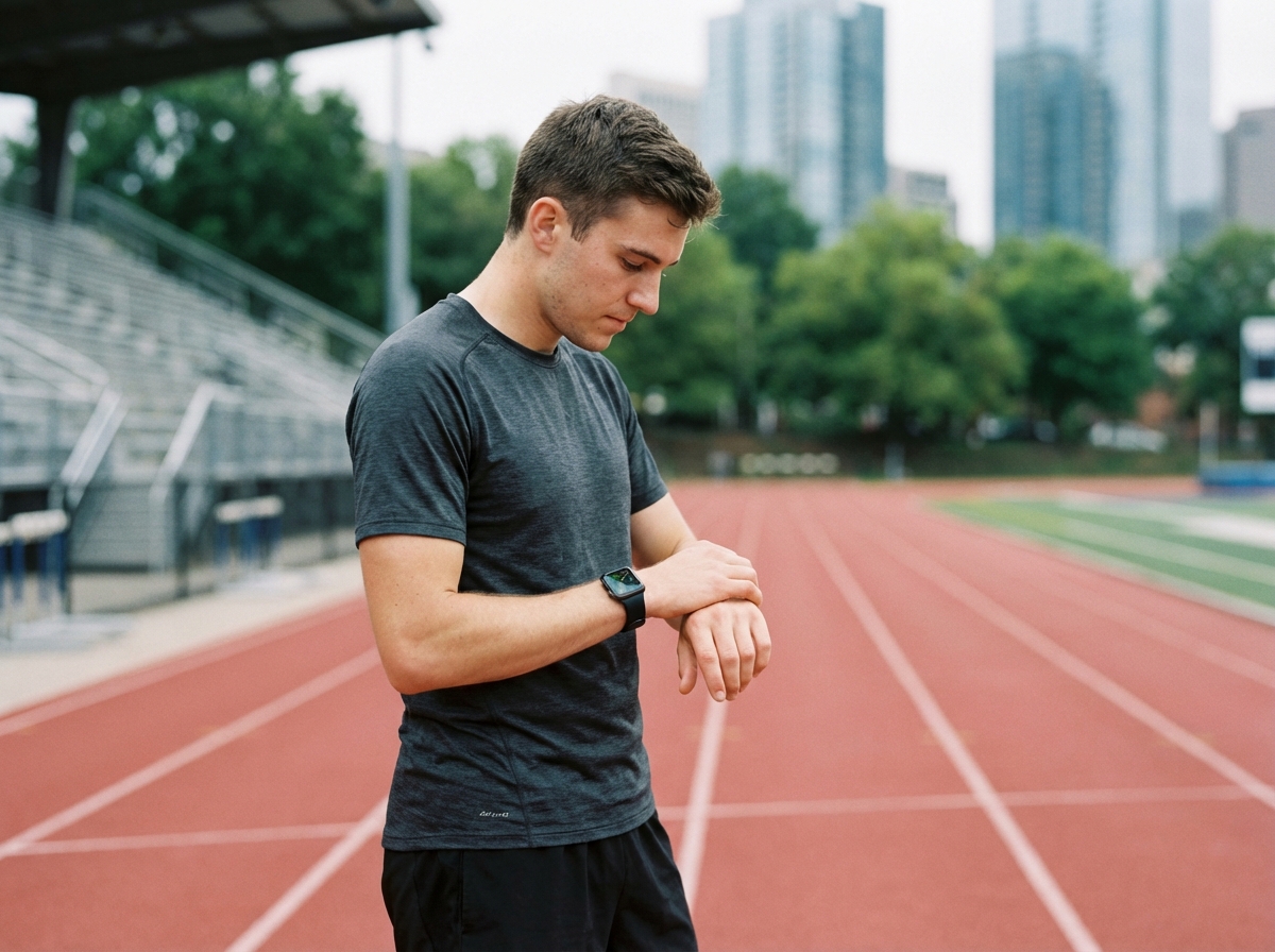 Jeune athlète vérifiant ses statistiques sur une smartwatch