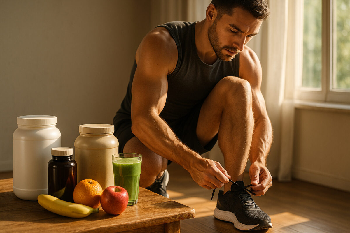 Athlète en tenue de sport préparant ses chaussures de course près de compléments naturels