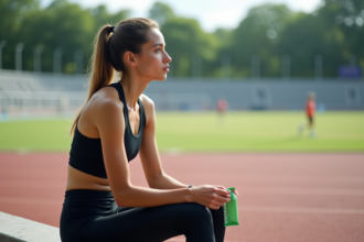 Jeune femme sportive en pause avec gel d'énergie