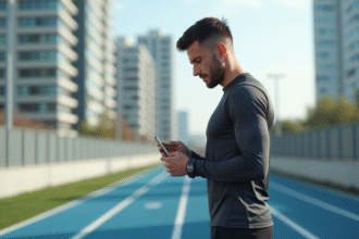 Jeune athlète en tenue de sport vérifiant ses données en extérieur