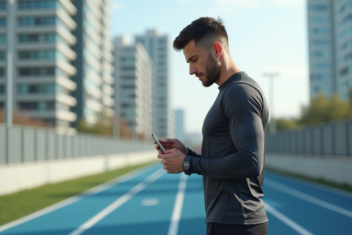 Jeune athlète en tenue de sport vérifiant ses données en extérieur