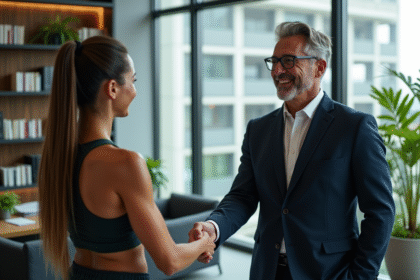 Avocat en costume serre la main d'une bodybuilder dans un bureau moderne