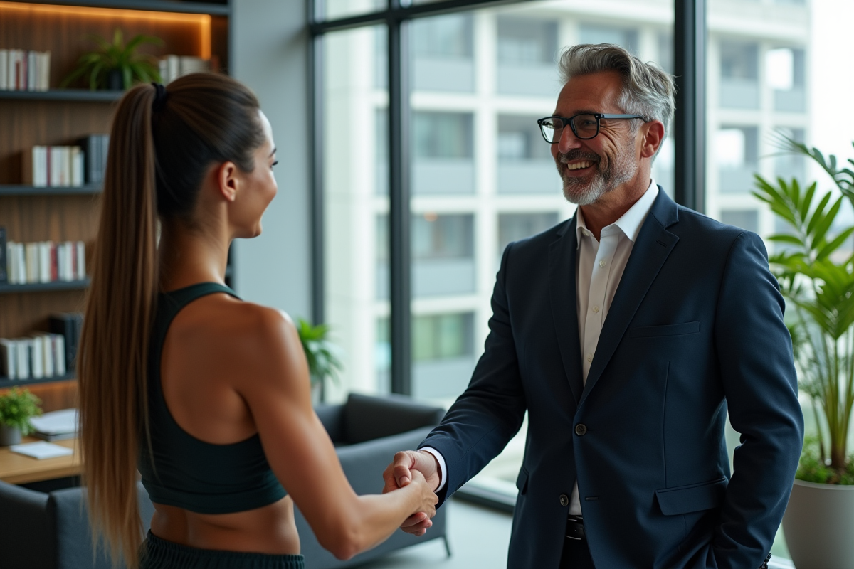 Avocat en costume serre la main d'une bodybuilder dans un bureau moderne