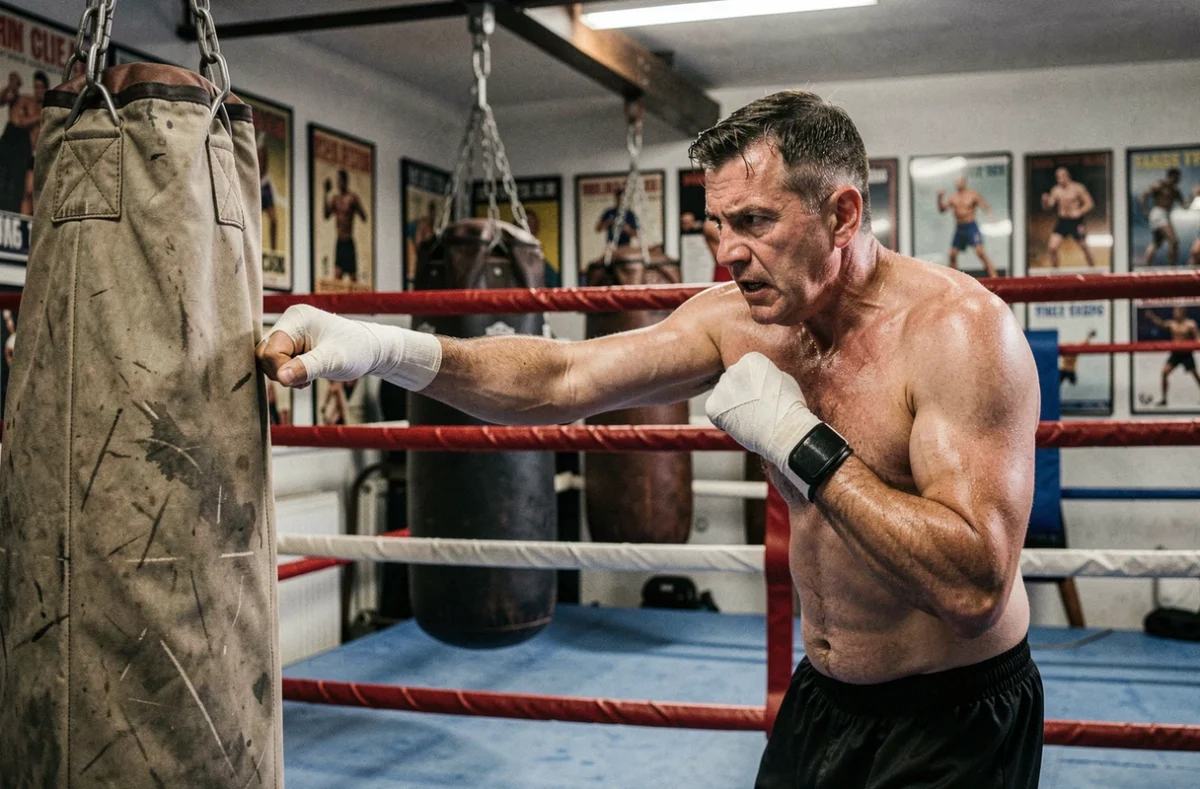 Boxeur s'entraînant sur sac de frappe au Battling Club Bordeaux dans une salle de sports de combat authentique