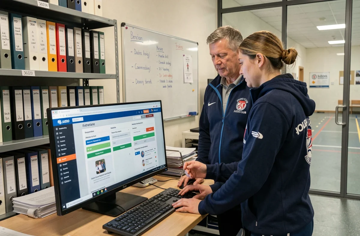 Deux bénévoles d'un club de judo consultant ensemble le tableau de bord de l'extranet FFJDA pour gérer les inscriptions et licences