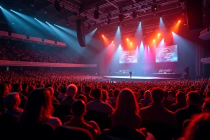 Vue panoramique de la salle Bercy Arena remplie lors d'un spectacle humoristique avec les rangées de spectateurs et la scène illuminée