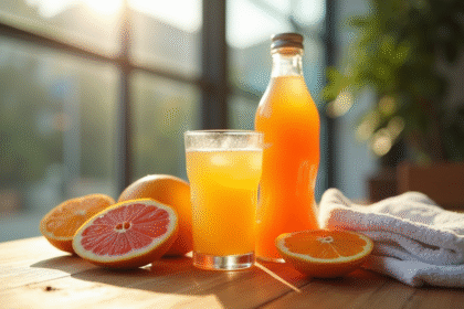 Bouteille de boisson sportive avec fruits frais sur une table ensoleillée