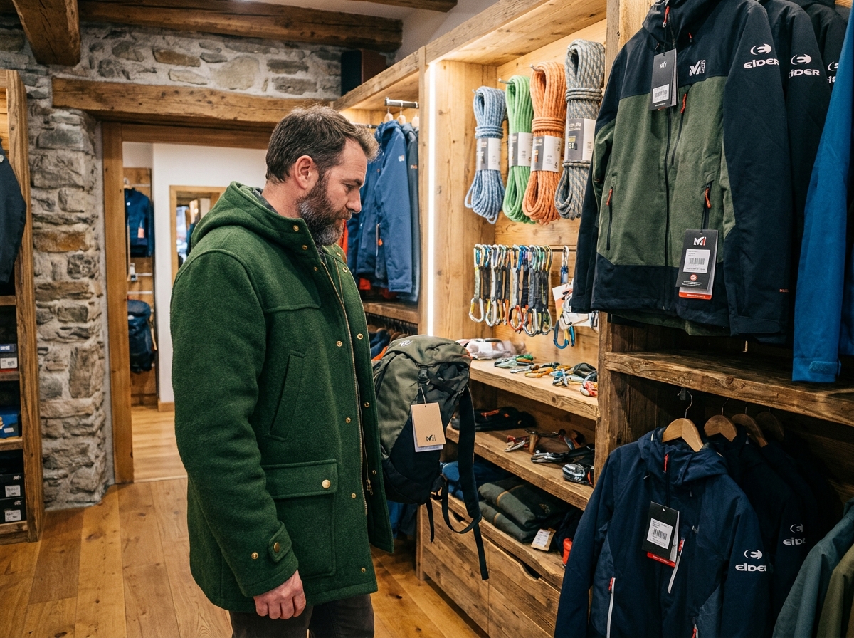 Client en manteau de laine d'une marque française explorant un magasin de matériel de montagne dans un village alpin