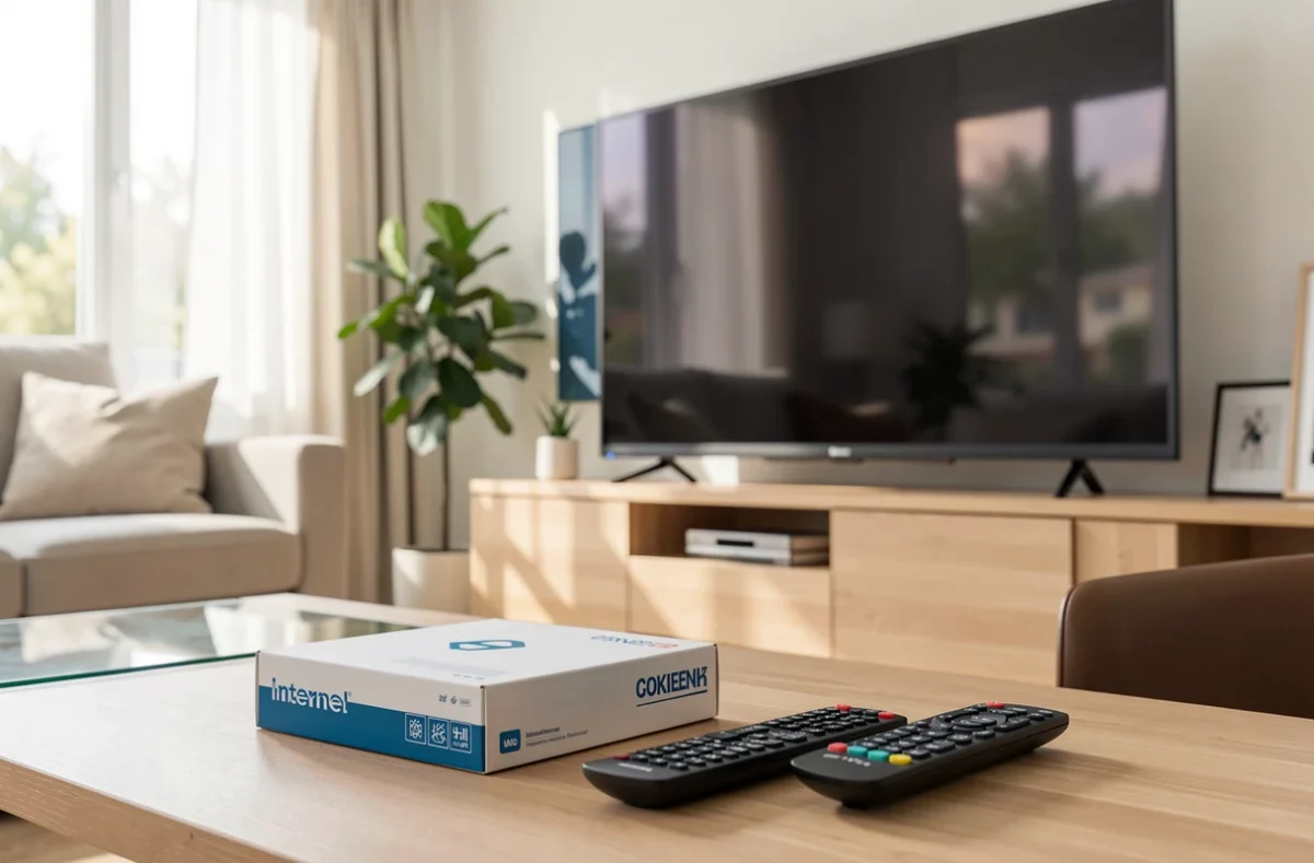 Box internet et télécommande posées devant un téléviseur