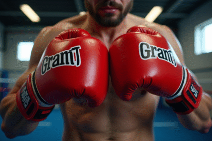 Boxeur portant gants rouges Grant en salle d'entraînement