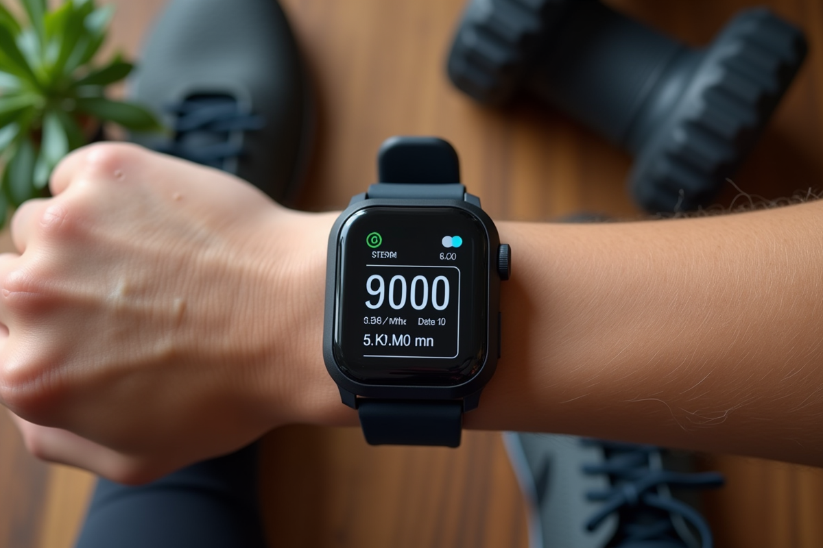 Montre connectée affichant 9000 pas sur table en bois
