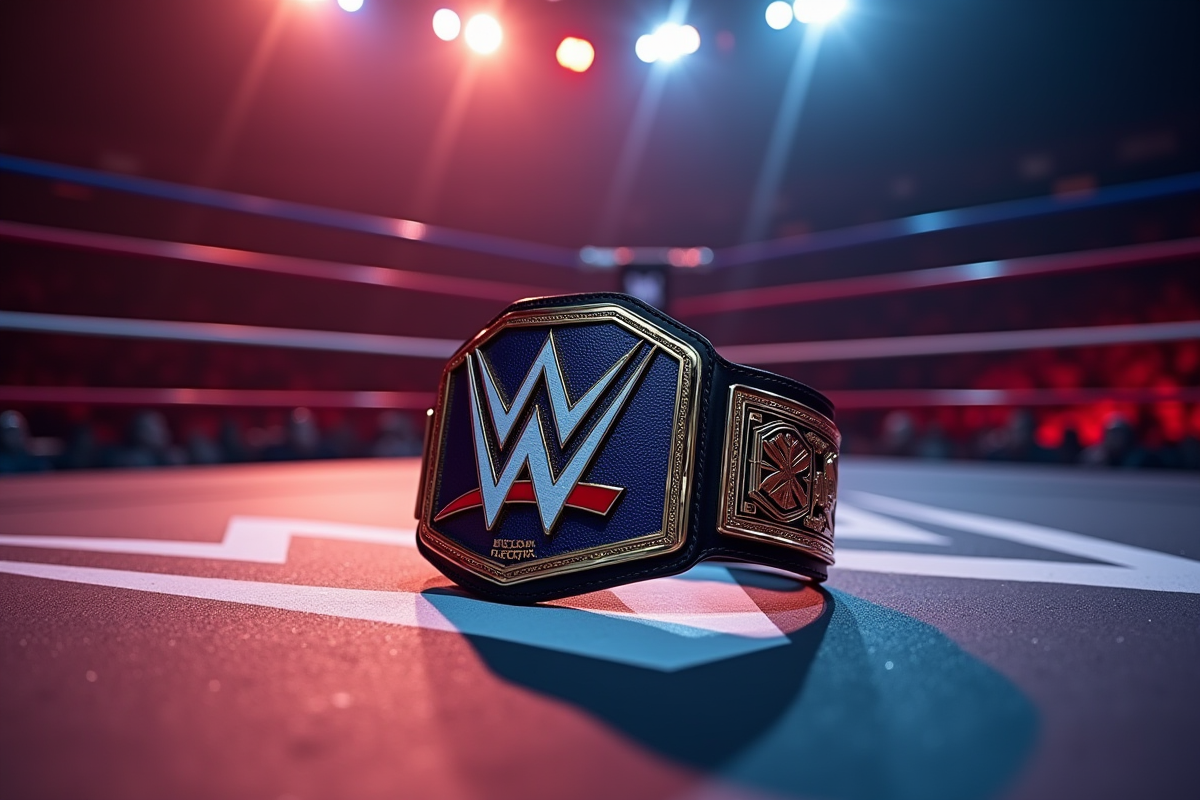 Ceinture de championnat de lutte sur un tapis WWE avec lumières dynamiques