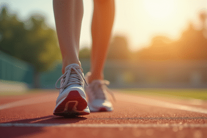 Détail de chaussures de sport sur piste ensoleillée