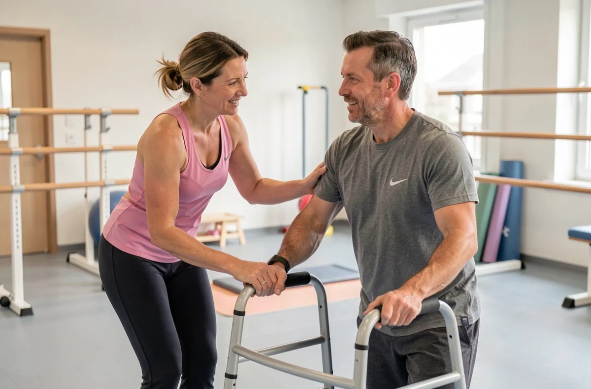 Coach en activité physique adaptée accompagnant un adulte avec matériel adapté dans un espace dédié au Havre