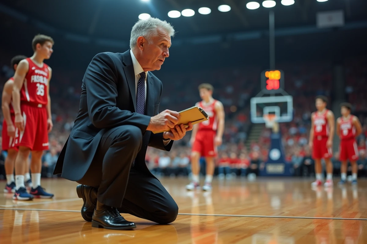 Entraîneur de basketball dessine une stratégie sur un clipboard
