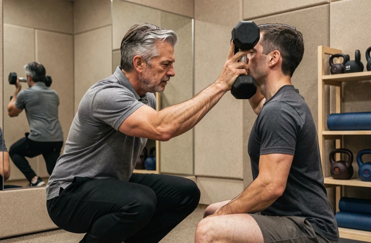 Coach personnel corrigeant la position d'un client lors d'un dumbbell snatch dans un studio de coaching privé