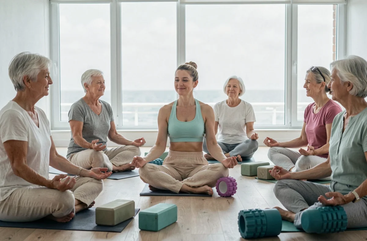 Coach spécialisée en gym douce dirigeant une séance d'étirements pour seniors dans un studio lumineux au Havre