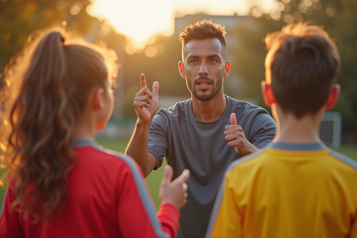 Jeune entraîneur donnant des instructions aux enfants sportifs