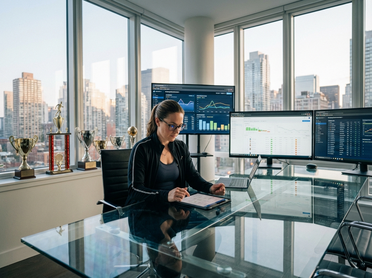 Entraineure sportive analysant des données sur une tablette